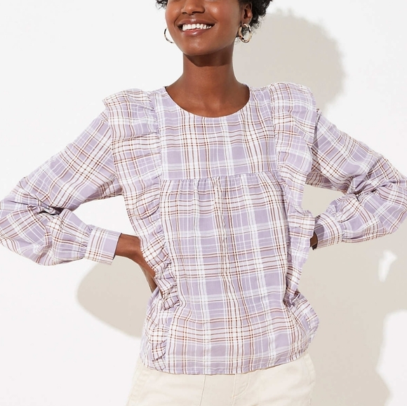 Loft XXL NWT Romantic Cottagecore Pastel Plaid Prairie Flounce Ruffle Blouse Top - Picture 1 of 6